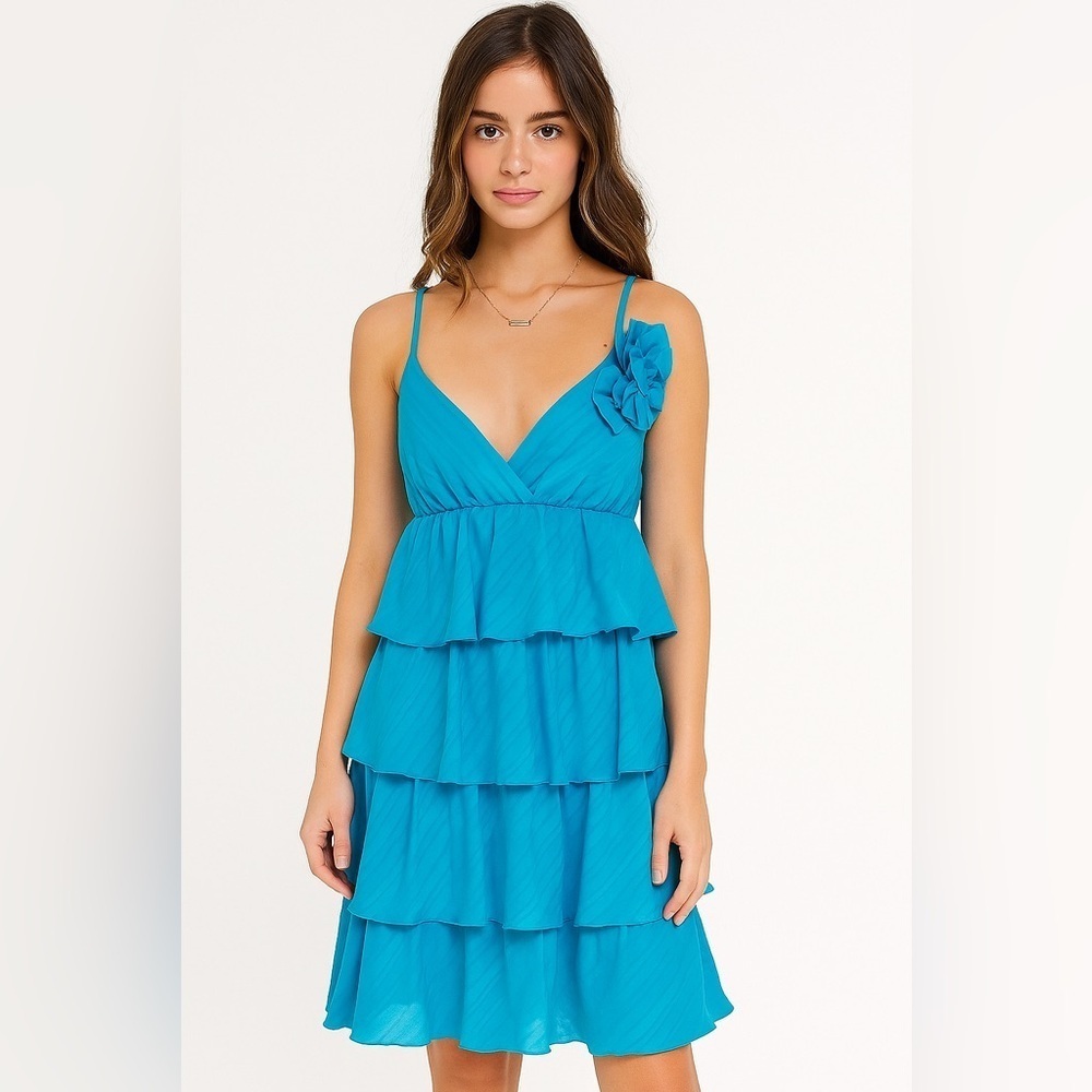 Vintage Trina Turk Y2K Ruffle Tiered Mini Dress 4 Blue Party Mermaid Vacation